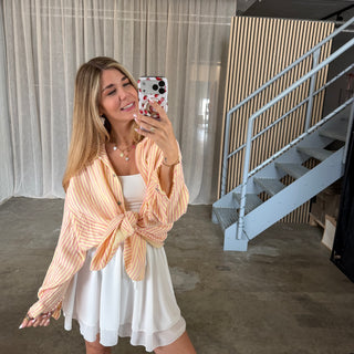 Oversize Musselinbluse Small Stripes - Butter Yellow x Light Rosa