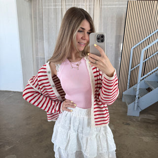 Strickjacke Small Stripes - Weiß x Rot