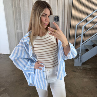 Musselinbluse Big Stripes - Weiß x Hellblau