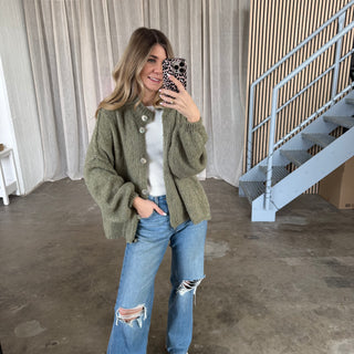 Midsize Strickjacke Perlmutt - Olive