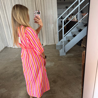 Musselinkleid Ella - Big Stripes Neon x Weiß