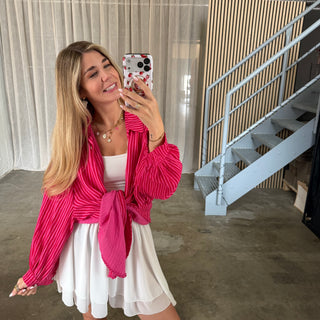 Oversize Musselinbluse Small Stripes - Pink x Rot