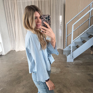 Leinen Bluse Shorty - Babyblau