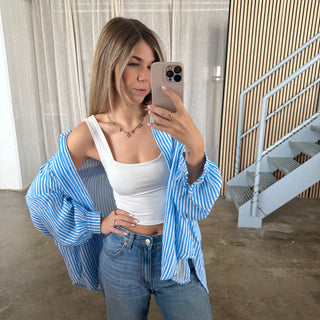 Musselinbluse Streifen - Himmelblau x Weiß