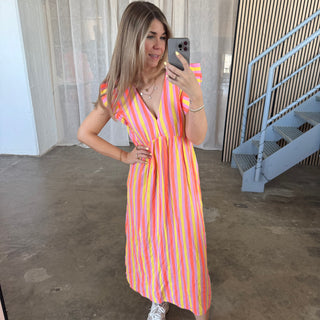 Kurzarm Musselinkleid Long - Big Stripes Orange x Rosa x Yellow