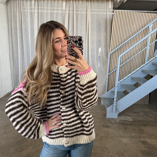 Chunky Strickjacke Stripes - Braun x Pink