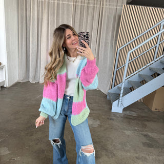 Strickjacke Karos - Pink x Blau