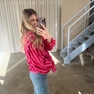 Oversize Musselinbluse Big Stripes - Pink x Rot