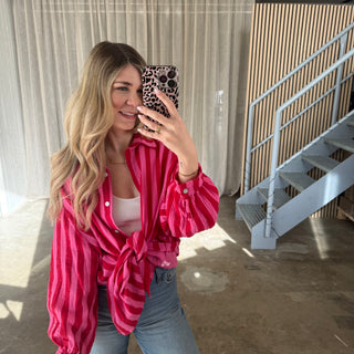Oversize Musselinbluse Big Stripes - Pink x Rot