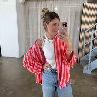 Musselinbluse Big Stripes - Orange x Rosa