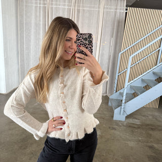 Strickjacke Rüschen Ärmel - Creme