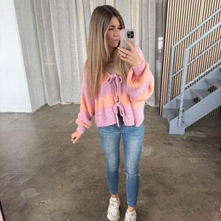 Strickjacke Schleifen & Streifen - Light Peach x Rosa