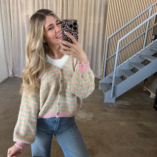 V-Neck Stripes Strickjacke - Rosa x Grün