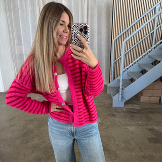 Strickjacke Small Stripes - Pink Rot