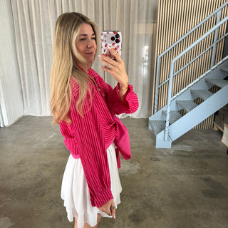 Oversize Musselinbluse Small Stripes - Pink x Rot