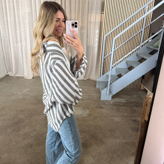 Oversize Musselinbluse Big Stripes - Grau