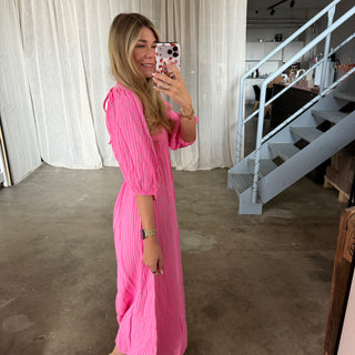 Musselinkleid Ella - Small Stripes Neon Pink x Rosa
