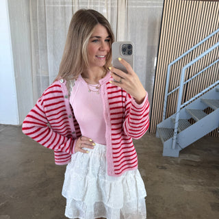 Strickjacke Small Stripes - Rosa x Rot