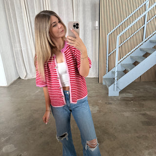 Short Stripes Strickjacke - Rosa x Rot