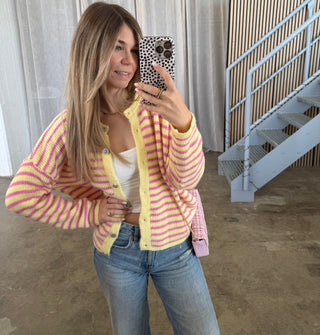 Strickjacke Small Stripes - Gelb x Pink