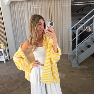Oversize Musselinbluse Small Stripes - Gelb x Weiß