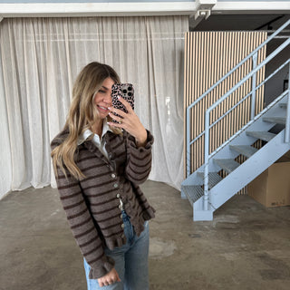 Rüschen Strickjacke Small Stripes - Taupe x Espresso