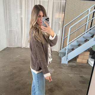 Strickjacke Schleifen & Rand - Taupe