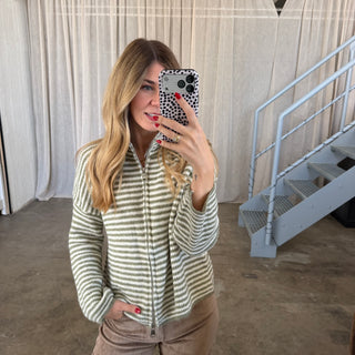 Stripes Zipp Jacke -Olive x Weiß