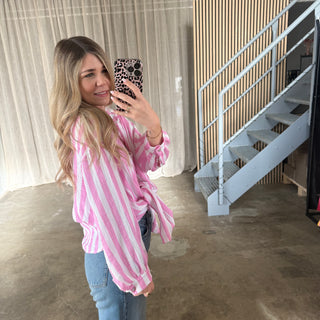 Oversize Musselinbluse Big Stripes - Rosa x Weiß
