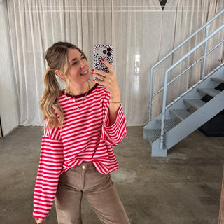 Oversize Longsleeve Stripes - Rosa x Rot