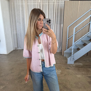 Short Stripes Strickjacke - Rosa x Hellblau