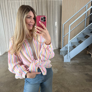 Oversize Musselinbluse Small Stripes - Candy