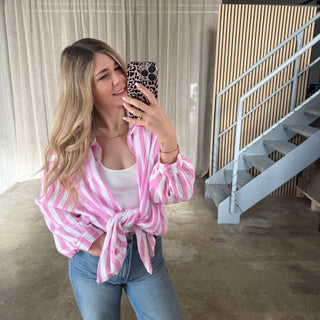 Oversize Musselinbluse Big Stripes - Rosa x Weiß