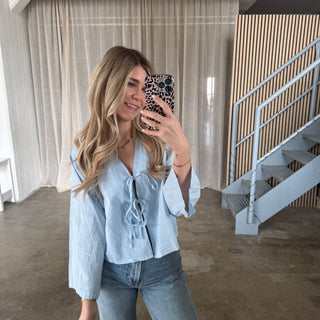 Leinen Bluse Shorty - Babyblau