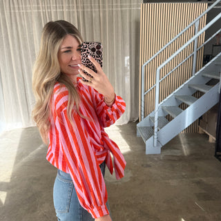 Oversize Musselinbluse Big Stripes - Rosa x Orange