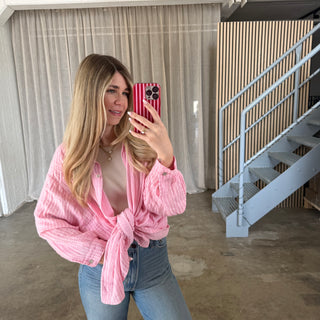 Oversize Musselinbluse Small Stripes - Rosa