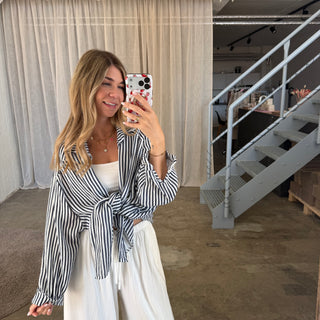 Oversize Musselinbluse Small Stripes - Navi x Weiß