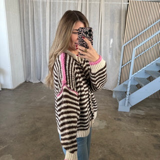 Chunky Strickjacke Stripes - Braun x Pink