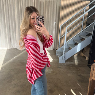 Oversize Musselinbluse Big Stripes - Rosa x Rot