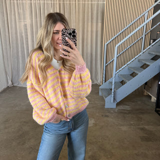 V-Neck Stripes Strickjacke - Rosa x Butter Yellow