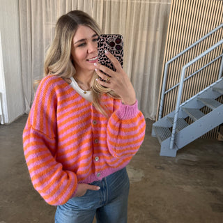 V-Neck Stripes Strickjacke - Orange x Pink