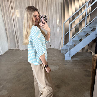 Kurzarm Stripes Strickjacke - Creme x Hellblau