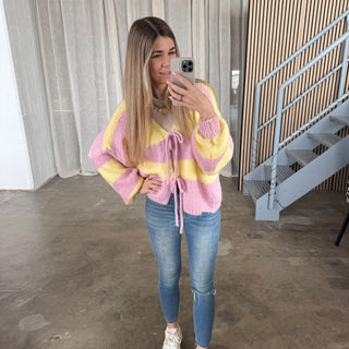 Strickjacke Schleifen & Streifen - Gelb x Rosa