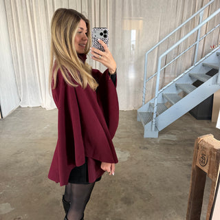 Langarm Poncho De Luxe - Bordeaux (inkl. Gürtel)