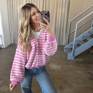 V-Neck Stripes Strickjacke - Pink x Creme