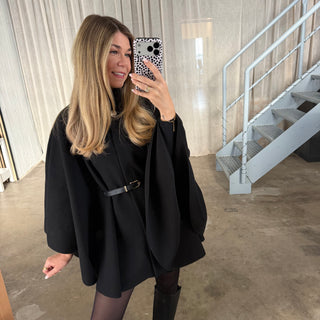 Langarm Poncho De Luxe - Schwarz (inkl. Gürtel)
