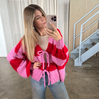 Strickjacke Schleifen & Streifen - Rot x Pink