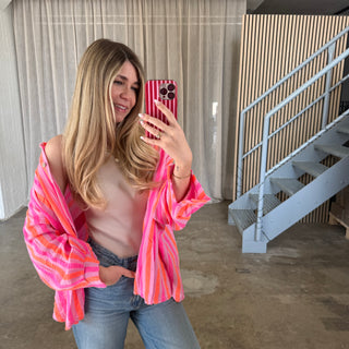 Oversize Musselinbluse Big Stripes - Neon