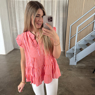 Kurzarm Musselinbluse Streifen -  Rosa x Orange