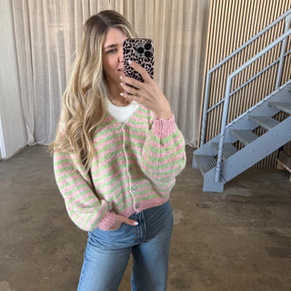 V-Neck Stripes Strickjacke - Rosa x Grün